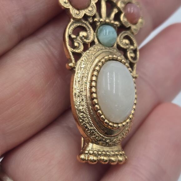 Vintage 1928 Jewlery Pink Blue Rhinestone Pearl Flower Bouquet Urn Brooch Pin - Picture 2 of 4